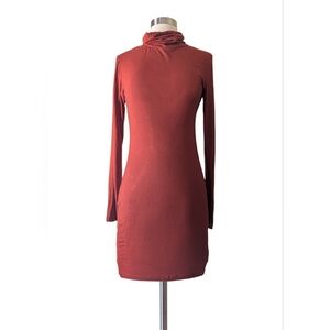 BLUES Dress Turtleneck Rust Orange Knit Stretch Rayon  Bodycon Mini Dress SMALL
